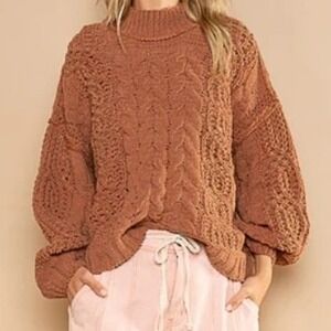POL Women Brown Cable Knit Sweater Size L Mock Neck Long Sleeve